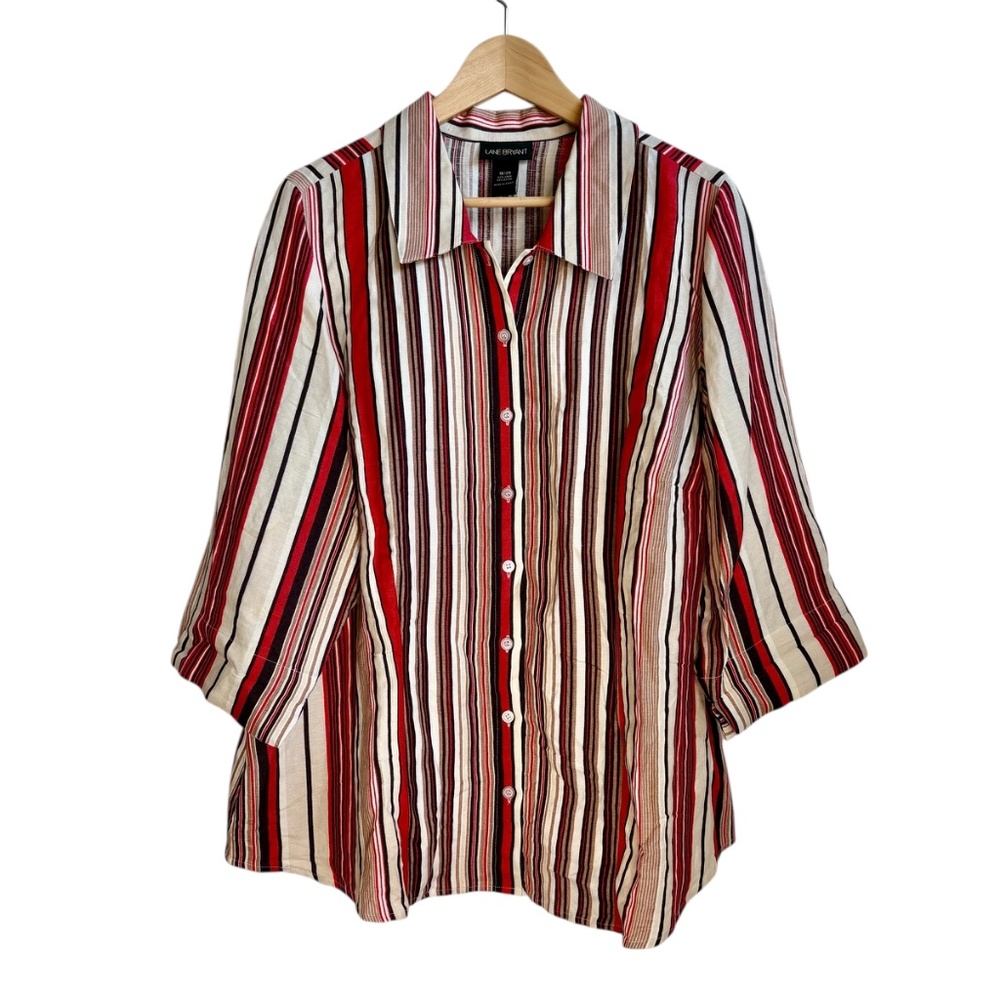 Lane Bryant Shirt Women 18/20 Plus Red Striped Button Up Collared 3/4 Sleeve - Picture 6 of 8